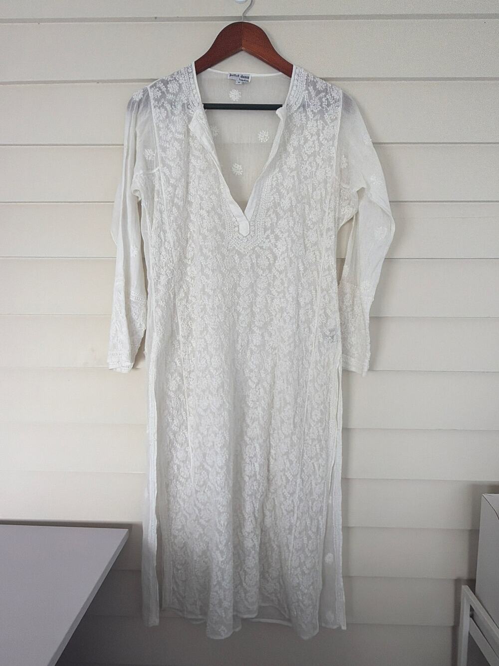 Juliet Dunn Ivory Embroidered Caftan Sheer White Boho Cover Up Tunic Midi Dress